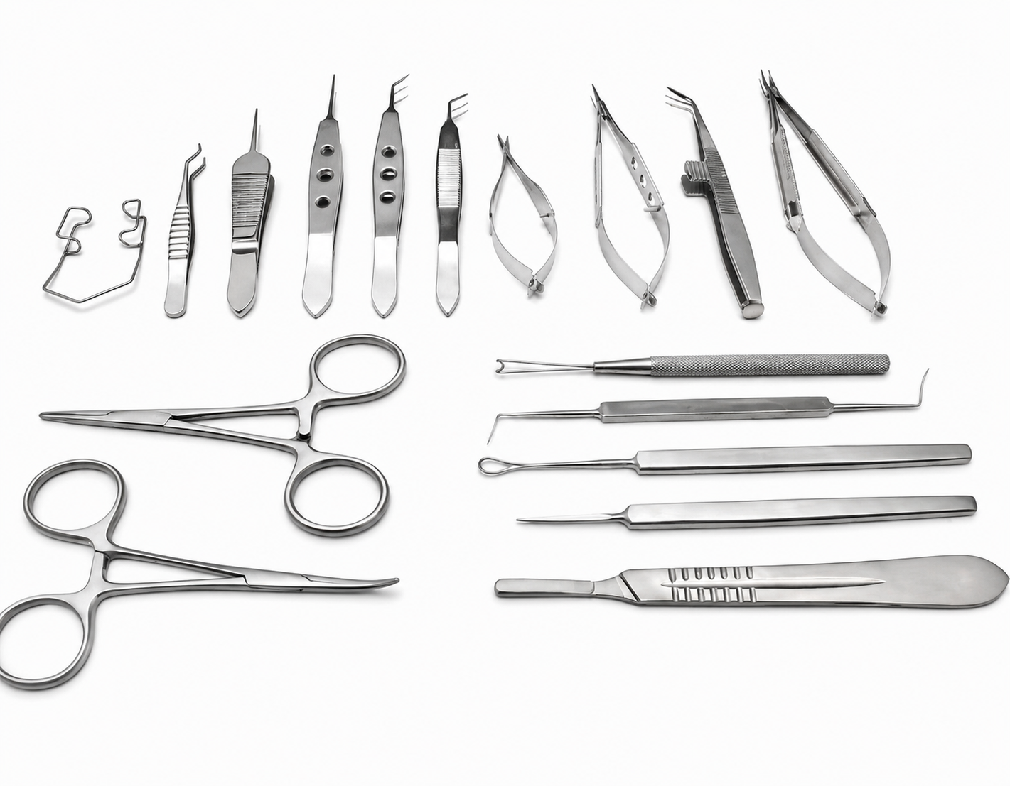 Premium ophthalmology instruments set made from medical-grade stainless steel for cataract, retina, corneal, glaucoma, and eye microsurgical procedures.