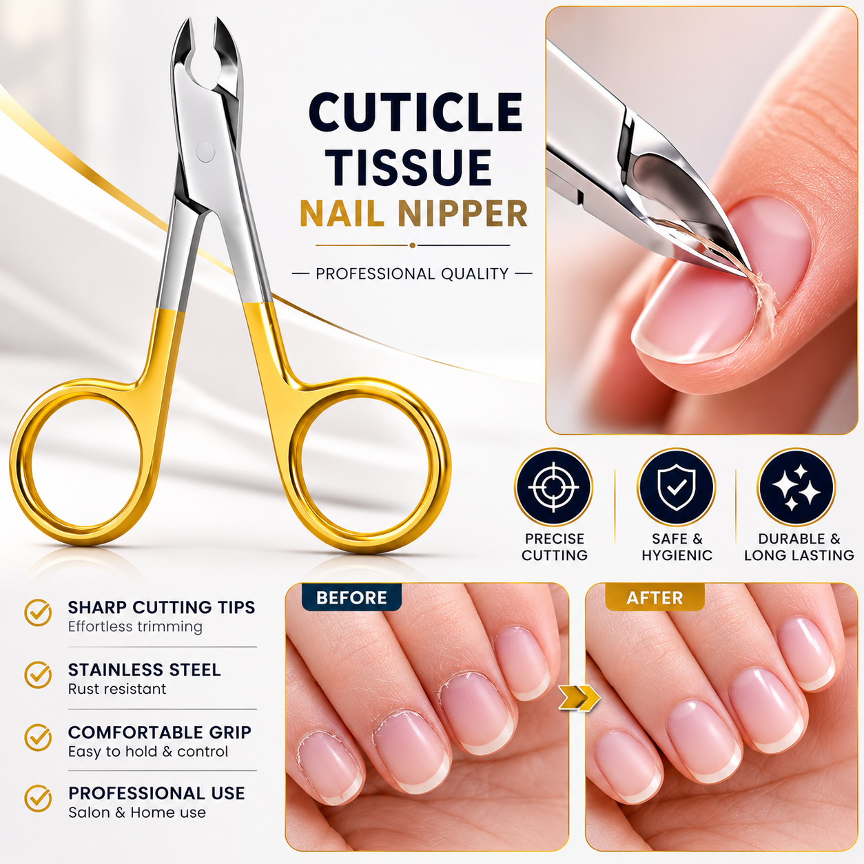 3.5 inch scissor style cuticle nipper with gold ring handle